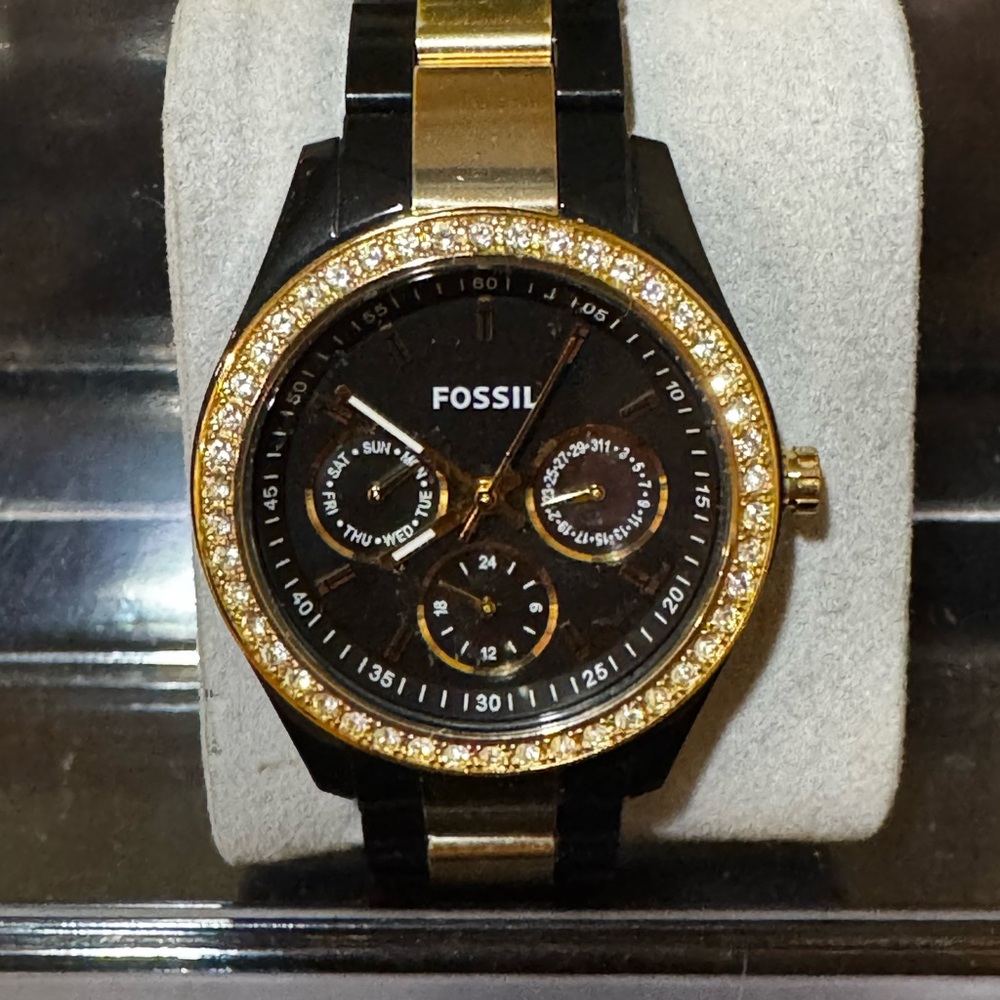 Fossil Stella Black and Gold Watch with Sparkling Accents